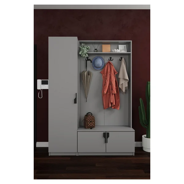 Asra Trend Lüks Çok Raflı Portmanto Askılı Vestiyer %100 MDF Çok Raflı Ayakkabılık V01 - Kül Grisi - Görsel 6