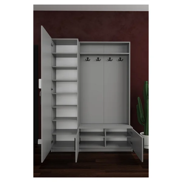 Asra Trend Lüks Çok Raflı Portmanto Askılı Vestiyer %100 MDF Çok Raflı Ayakkabılık V01 - Kül Grisi - Görsel 2