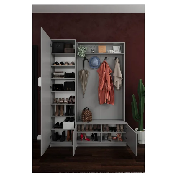 Asra Trend Lüks Çok Raflı Portmanto Askılı Vestiyer %100 MDF Çok Raflı Ayakkabılık V01 - Kül Grisi - Görsel 4