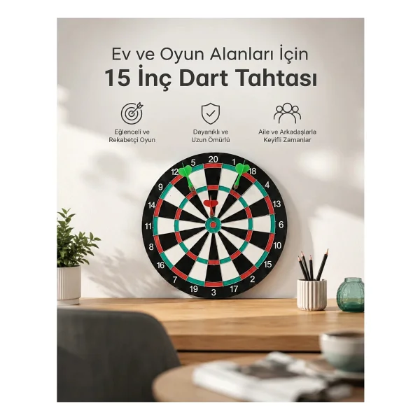 15 İnç Büyük Boy Dart Tahtası Ev Oyun Seti 4 Adet Metal Uç Oklu - Görsel 6