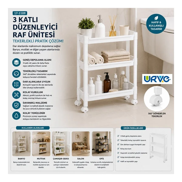 Rafty 3 Katlı Tekerlekli Sepet Organizer Düzenleyici Raf Ünitesi 465X145X480MM - Görsel 2