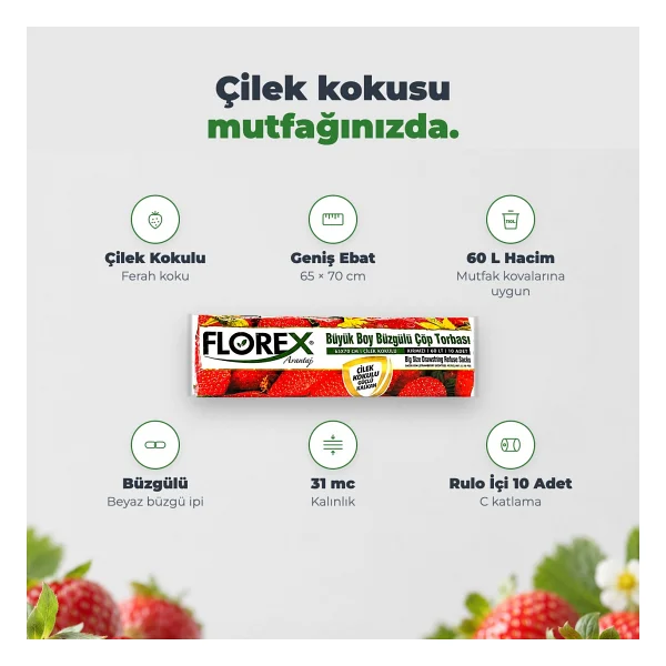 Florex Çilek Kokulu Büzgülü Büyük Boy Çöp Poşeti 10'lu 5 Adet - Görsel 7