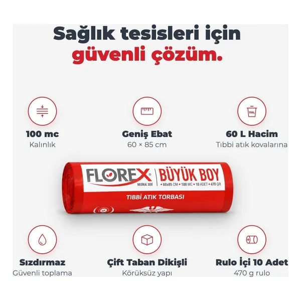 Florex Tıbbi Atık Baskılı Büyük Boy ( 60x85 cm ) Çöp Poşeti 10 Rulo 10x10=100 - 60 x 85 cm - Görsel 3