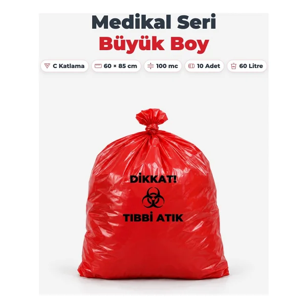 Florex Tıbbi Atık Baskılı Büyük Boy ( 60x85 cm ) Çöp Poşeti 10 Rulo 10x10=100 - 60 x 85 cm - Görsel 4