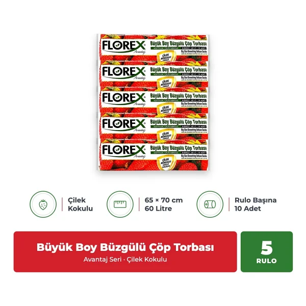 Florex Çilek Kokulu Büzgülü Büyük Boy Çöp Poşeti 10'lu 5 Adet - Görsel 6