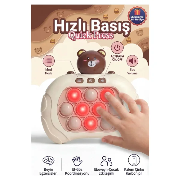 Bbsky Ayıcıklı Işıklı ve Sesli Pilli Popit Egitici Oyuncak Sevimli Push Pop Konsol 4 Farklı Oyun Modu - Görsel 9