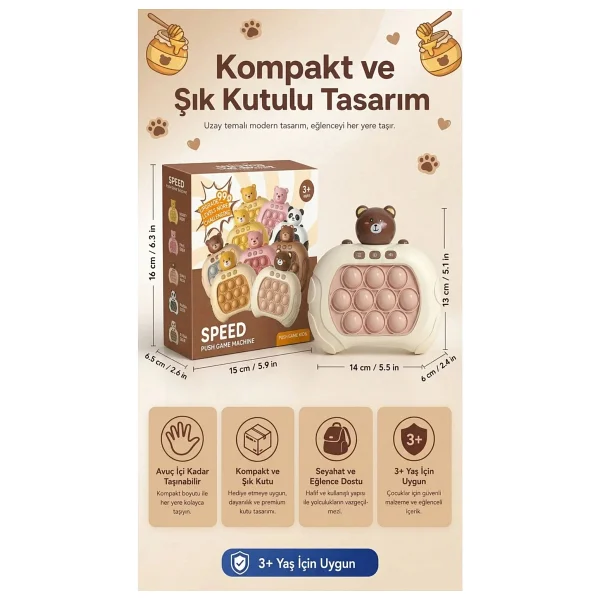 Bbsky Ayıcıklı Işıklı ve Sesli Pilli Popit Egitici Oyuncak Sevimli Push Pop Konsol 4 Farklı Oyun Modu - Görsel 10