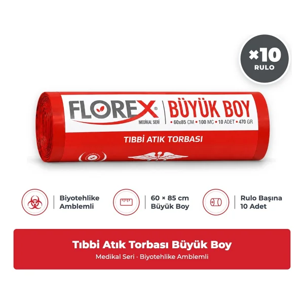 Florex Tıbbi Atık Baskılı Büyük Boy ( 60x85 cm ) Çöp Poşeti 10 Rulo 10x10=100 - 60 x 85 cm - Görsel 2
