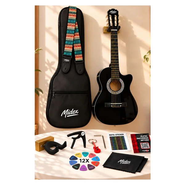 Midex CG-395BK 4/4 Kesik Kasa Siyah Klasik Gitar Seti - Görsel 5