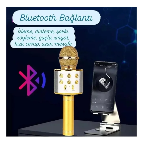 WASHA Türkçe Seslendirme Karaoke Mikrofonu Bluetooth Mikrofon Bluetooth Speaker Hoparlör Aux-Tf-Usb Giriş - Görsel 2