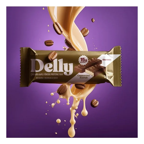 Delly Cappuccino Aromalı Çikolata Kaplı Yüksek Proteinli Bar 40 gr 12'li - Görsel 4