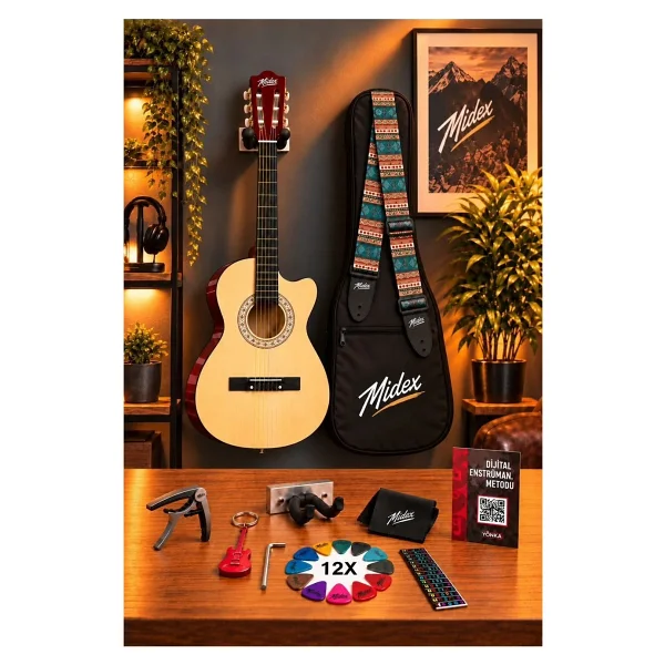 Midex CG-395BK 4/4 Kesik Kasa Siyah Klasik Gitar Seti - Görsel 7