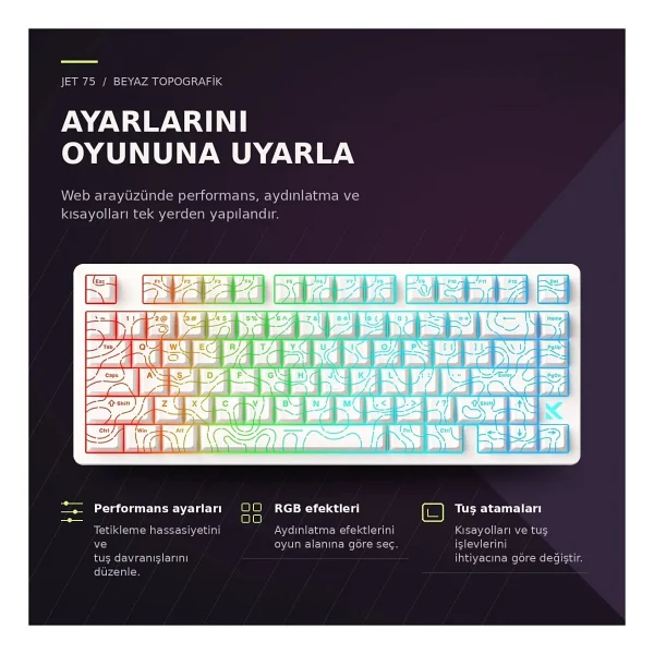 Mchose Jet 75 MC-JET75-9 Topographic Beyaz RGB %75 TKL Kailh Magnetic God Switch Kablolu Mekanik Oyuncu Klavyesi - Görsel 4