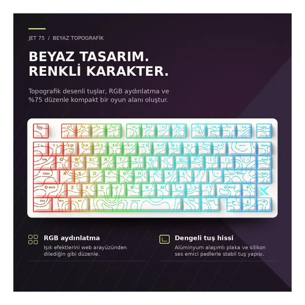 Mchose Jet 75 MC-JET75-9 Topographic Beyaz RGB %75 TKL Kailh Magnetic God Switch Kablolu Mekanik Oyuncu Klavyesi - Görsel 5