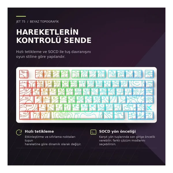 Mchose Jet 75 MC-JET75-9 Topographic Beyaz RGB %75 TKL Kailh Magnetic God Switch Kablolu Mekanik Oyuncu Klavyesi - Görsel 6
