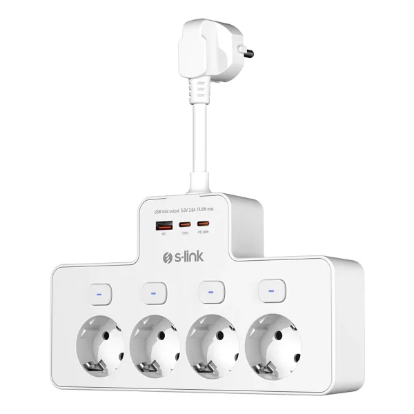 S-link PRZ08 Type-C Anahtarlı USB'li 15 cm 4'lü Akım Korumalı Priz - Görsel 2