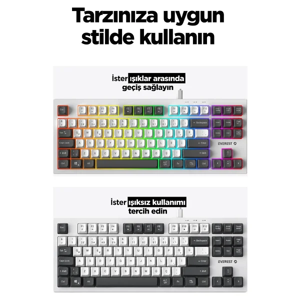 Everest Silent TKL KB-98 Gri-Mavi-Beyaz Membrane Switch Kablolu Oyuncu Klavyesi - Görsel 3