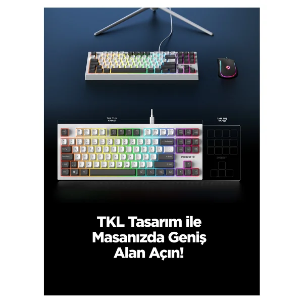 Everest Silent TKL KB-98 Gri-Mavi-Beyaz Membrane Switch Kablolu Oyuncu Klavyesi - Görsel 4