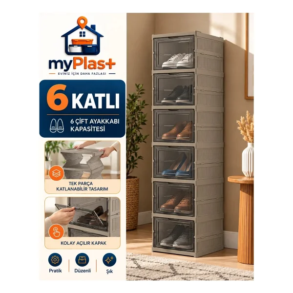 Myplas Çok Amaçlı 6 Katlı Katlanabilir Taşınabilir Premium Portatif Organizer Ayakkabılık - Kahverengi - Görsel 9