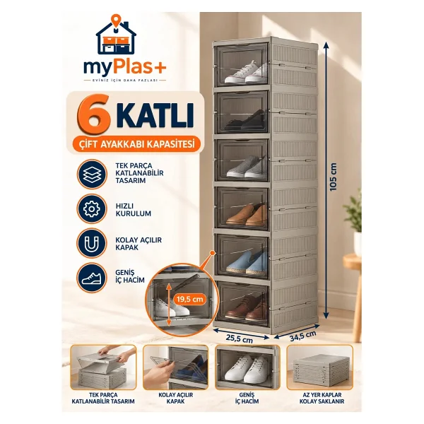 Myplas Çok Amaçlı 6 Katlı Katlanabilir Taşınabilir Premium Portatif Organizer Ayakkabılık - Kahverengi - Görsel 2