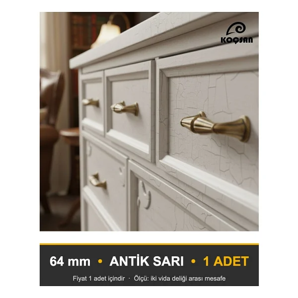 KOÇSAN Saltuk Kulp Lüks Country Mutfak Mobilya Dolap Çekmece Kulpu Antik Sarı 64 mm - Görsel 2