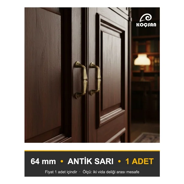 KOÇSAN Saltuk Kulp Lüks Country Mutfak Mobilya Dolap Çekmece Kulpu Antik Sarı 64 mm - Görsel 4
