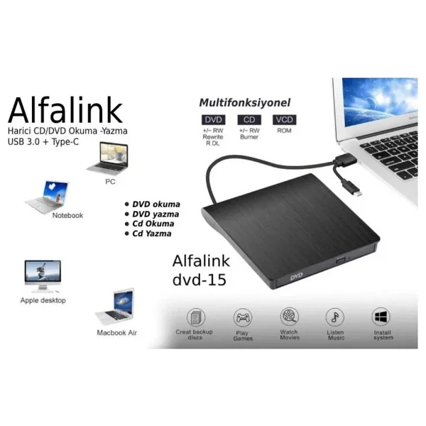 Alfalink Al-DVD15 USB 3.0 Ultra Slim Taşınabilir Dvd Optik Yazıcı - Görsel 10
