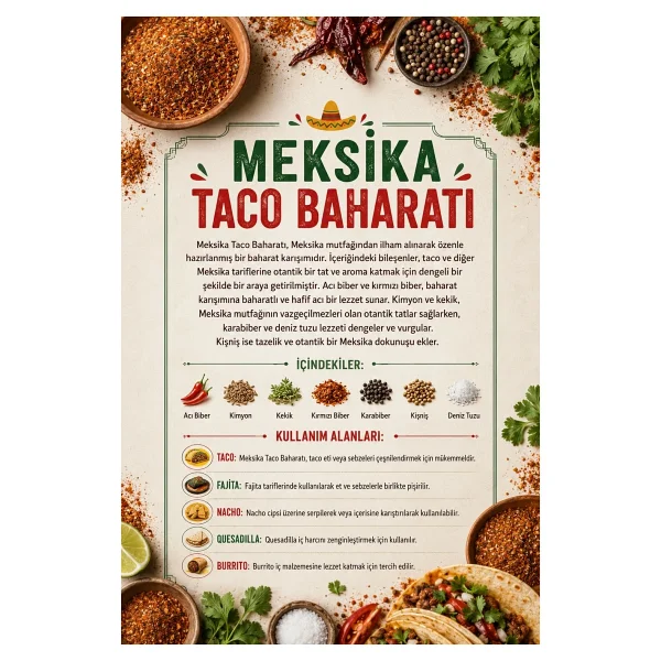 TOS The Organic Spices Meksika Taco Baharatı 250 gr Mexican Taco Spice - Premium Quality Baharat Karışımı - Görsel 3
