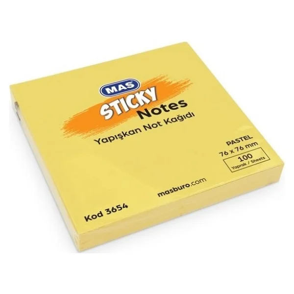 Mas Yapışkanlı Not Kağıdı 100 Sayfa 76x76mm Pastel Sarı 3654 (12 Koçan) - Görsel 2