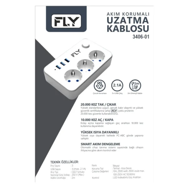 Fly 3406-01 2 m 3 USB 3'lü Anahtarlı Termal Akım Korumalı Priz - Görsel 3