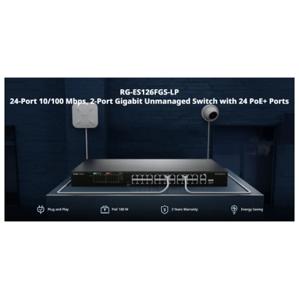 Ruijie Reyee RG-ES126FGS-LP 24 Port 10/100 24 Port PoE 2 Port Uplink + 1 SFP 180 Watt Yonetilemez Rack Mount Switch - Görsel 4