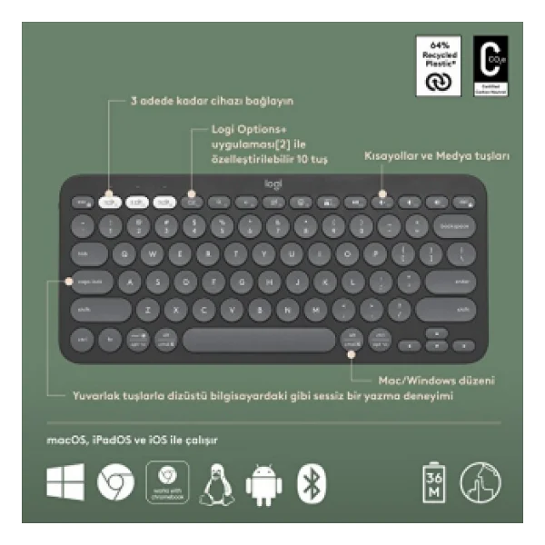 Logitech Pebble Keys 2 K380s 920-011859 Siyah Tkl Q Kablosuz Klavye - Görsel 9