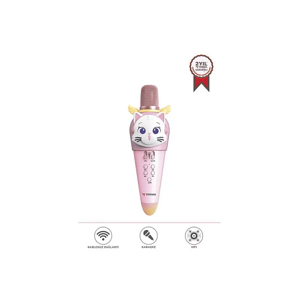 Torima Kidmic02 Pembe Kedi Figürlü Şarjlı BT Karaoke Mikrofon Ve Hoparlör 5w Kablosuz Mikrofon - Görsel 3