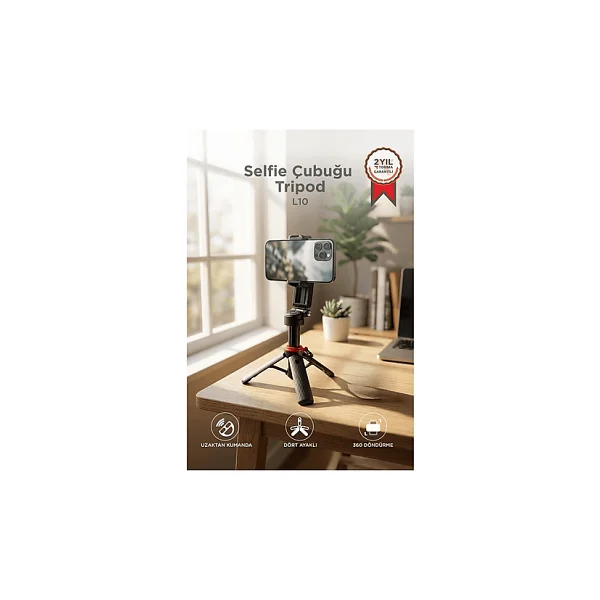 Torima Tripod Çok Amaçlı 360 Derece Kumandalı Selfie Çubuğu L10 Siyah - Görsel 3