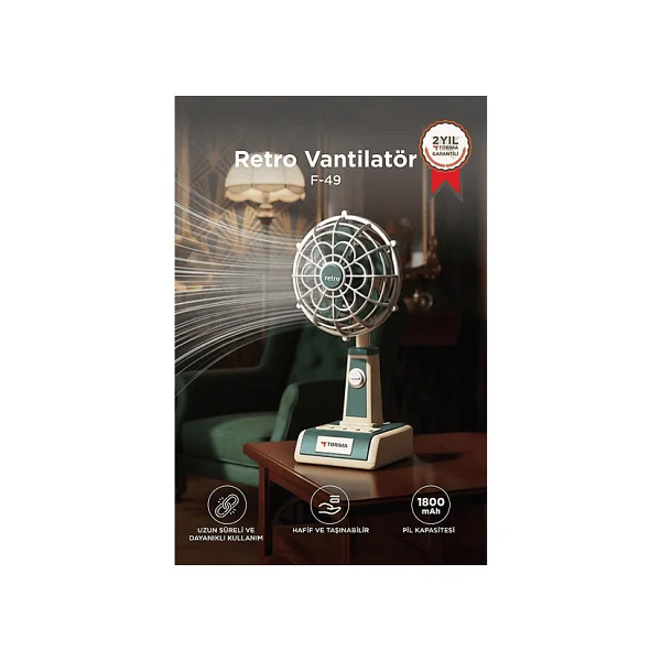 Torima Retro F49 Mini Yeşil Masaüstü Şarjlı Vantilatör - Görsel 6