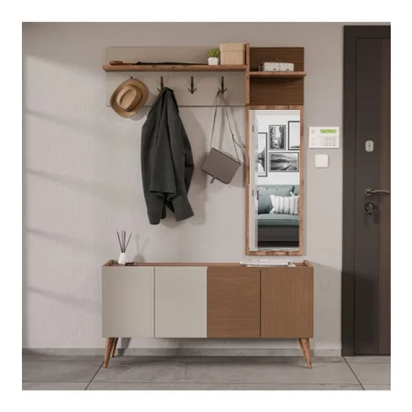 Mezza Theo 5063 Ceviz-Kumtaşı 4 Kapaklı Sağ Aynalı Portmanto - Görsel 5