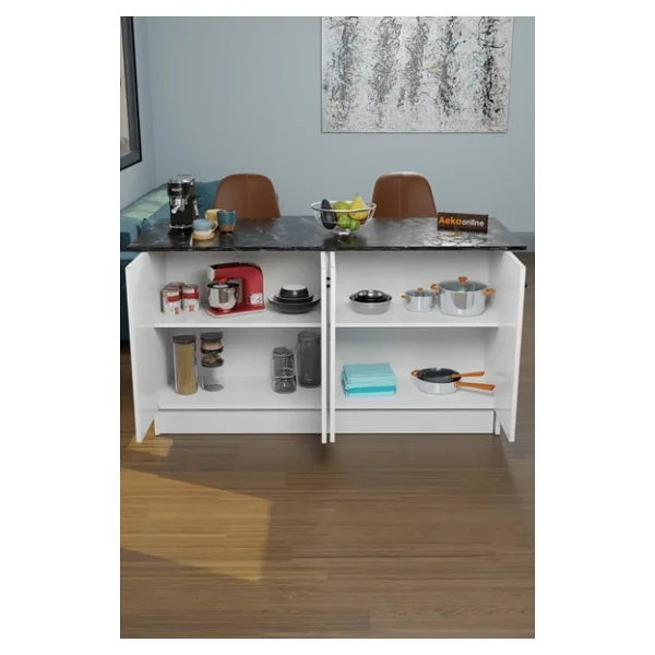 Aeka Ae-2040 Vera Mutfak Adası Bar Masası Yemek Masası Dolaplı, Beyaz/S.Mermer Raflı, Çok Amaçlı 160 Cm - Görsel 2