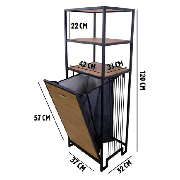 Digithome Metal Kirli Sepetli 3 Raflı Çok Amaçlı Banyo Düzenleyici Raf Organizer Siyah/Atlantik Çam Mrs-008 - Görsel 5