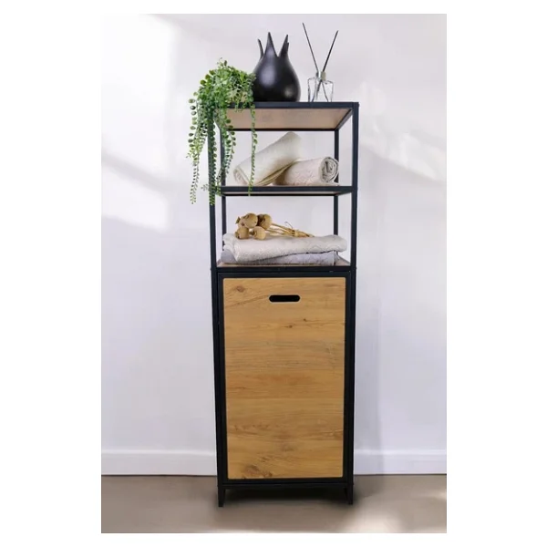Digithome Metal Kirli Sepetli 3 Raflı Çok Amaçlı Banyo Düzenleyici Raf Organizer Siyah/Atlantik Çam Mrs-008 - Görsel 2