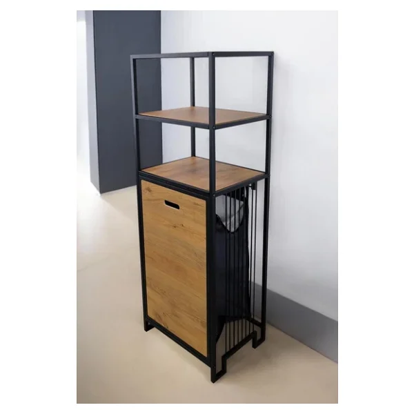 Digithome Metal Kirli Sepetli 3 Raflı Çok Amaçlı Banyo Düzenleyici Raf Organizer Siyah/Atlantik Çam Mrs-008 - Görsel 3