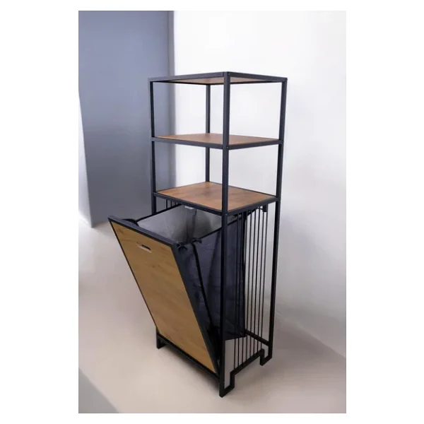 Digithome Metal Kirli Sepetli 3 Raflı Çok Amaçlı Banyo Düzenleyici Raf Organizer Siyah/Atlantik Çam Mrs-008 - Görsel 4