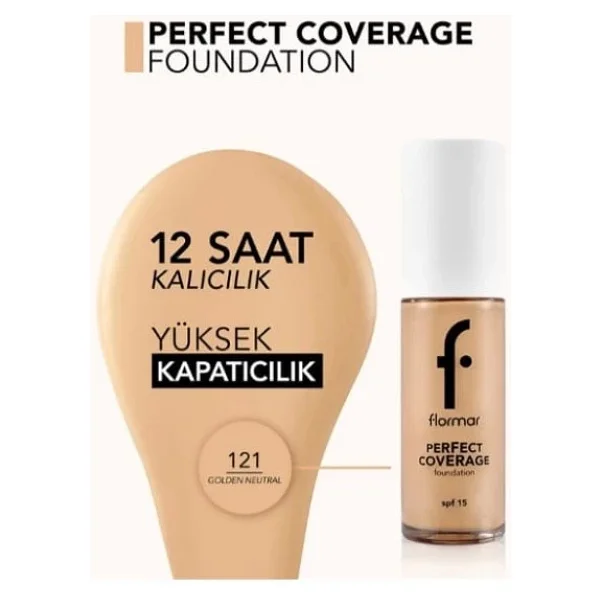 Flormar Perfect Coverage Yarı Parlak Bitişli Spf 15 121 Golden Neutral 30 Ml Likit Fondöten - Görsel 7
