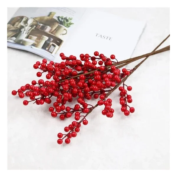 3 Adet Yapay Çiçek Kokina Uzun Dal 63cm Yılbaşı Çiçeği Red Berry - Görsel 5