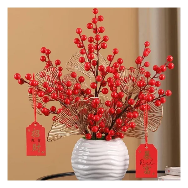 3 Adet Yapay Çiçek Kokina Uzun Dal 63cm Yılbaşı Çiçeği Red Berry - Görsel 6