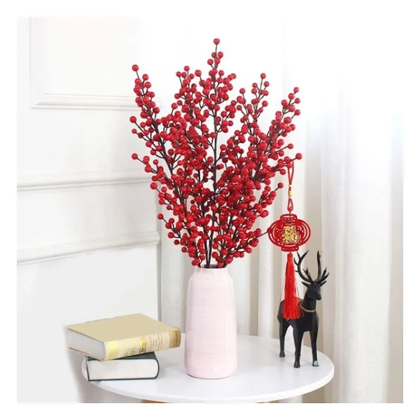 3 Adet Yapay Çiçek Kokina Uzun Dal 63cm Yılbaşı Çiçeği Red Berry - Görsel 7
