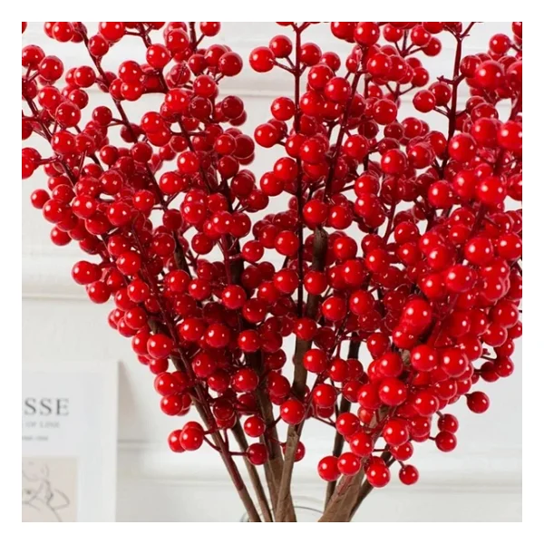 3 Adet Yapay Çiçek Kokina Uzun Dal 63cm Yılbaşı Çiçeği Red Berry - Görsel 10
