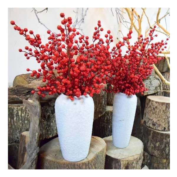 3 Adet Yapay Çiçek Kokina Uzun Dal 63cm Yılbaşı Çiçeği Red Berry - Görsel 9