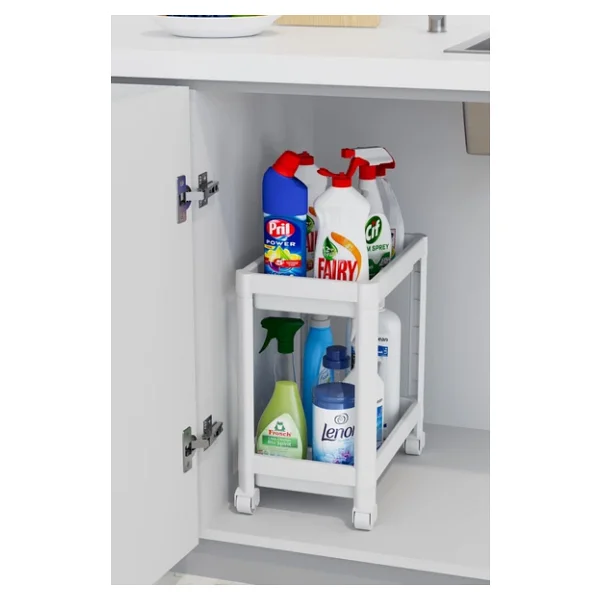 Mithra Life 2 Katlı Tekerlekli Tezgah Altı Beyaz Banyo Mutfak Rafı Mıt1119 - Görsel 4