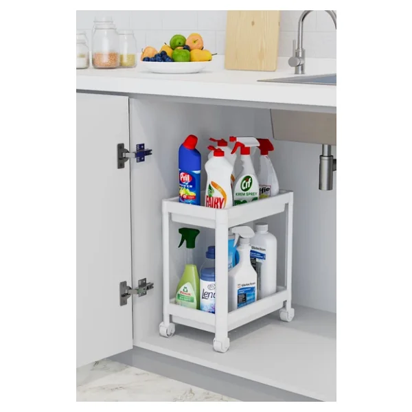 Mithra Life 2 Katlı Tekerlekli Tezgah Altı Beyaz Banyo Mutfak Rafı Mıt1119 - Görsel 3