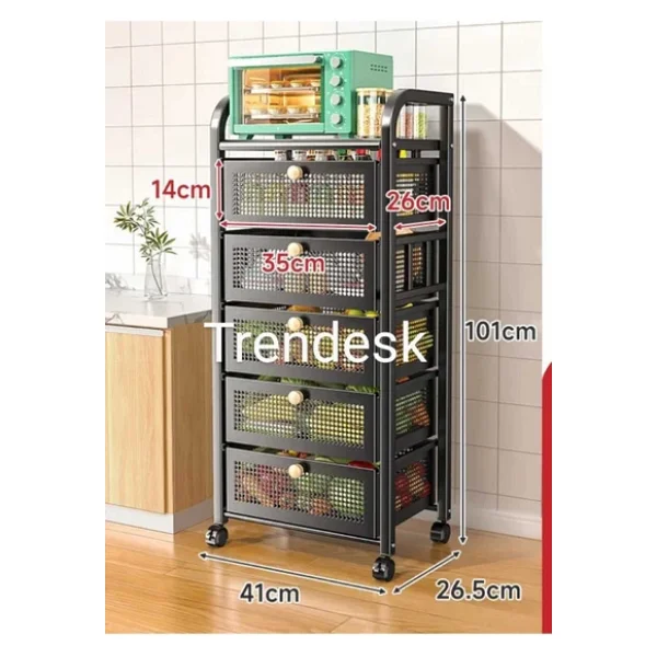 Trendesk 5 Katlı Metal Siyah Çekmeceli Sebze Meyve Sepeti Mutfak Organizer Düzenleyici - Görsel 3